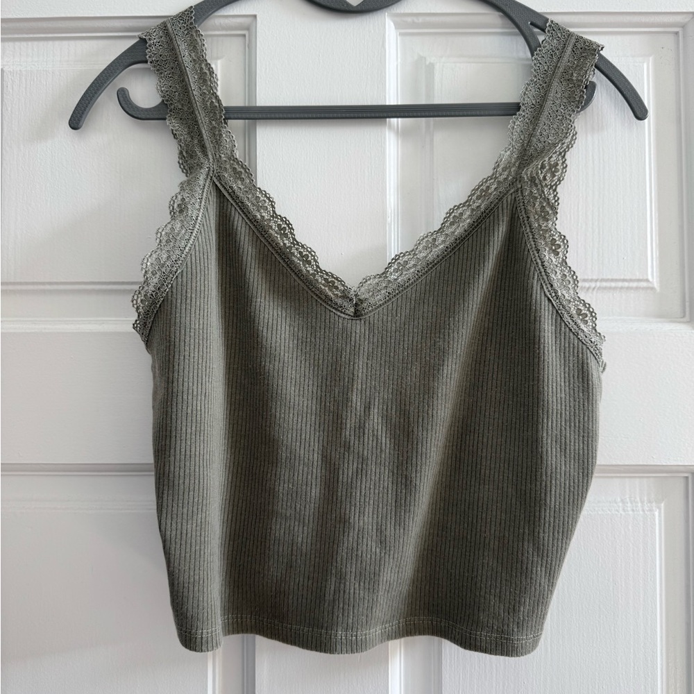 American Eagle Outfitters Olive Lace Trim Crop Top